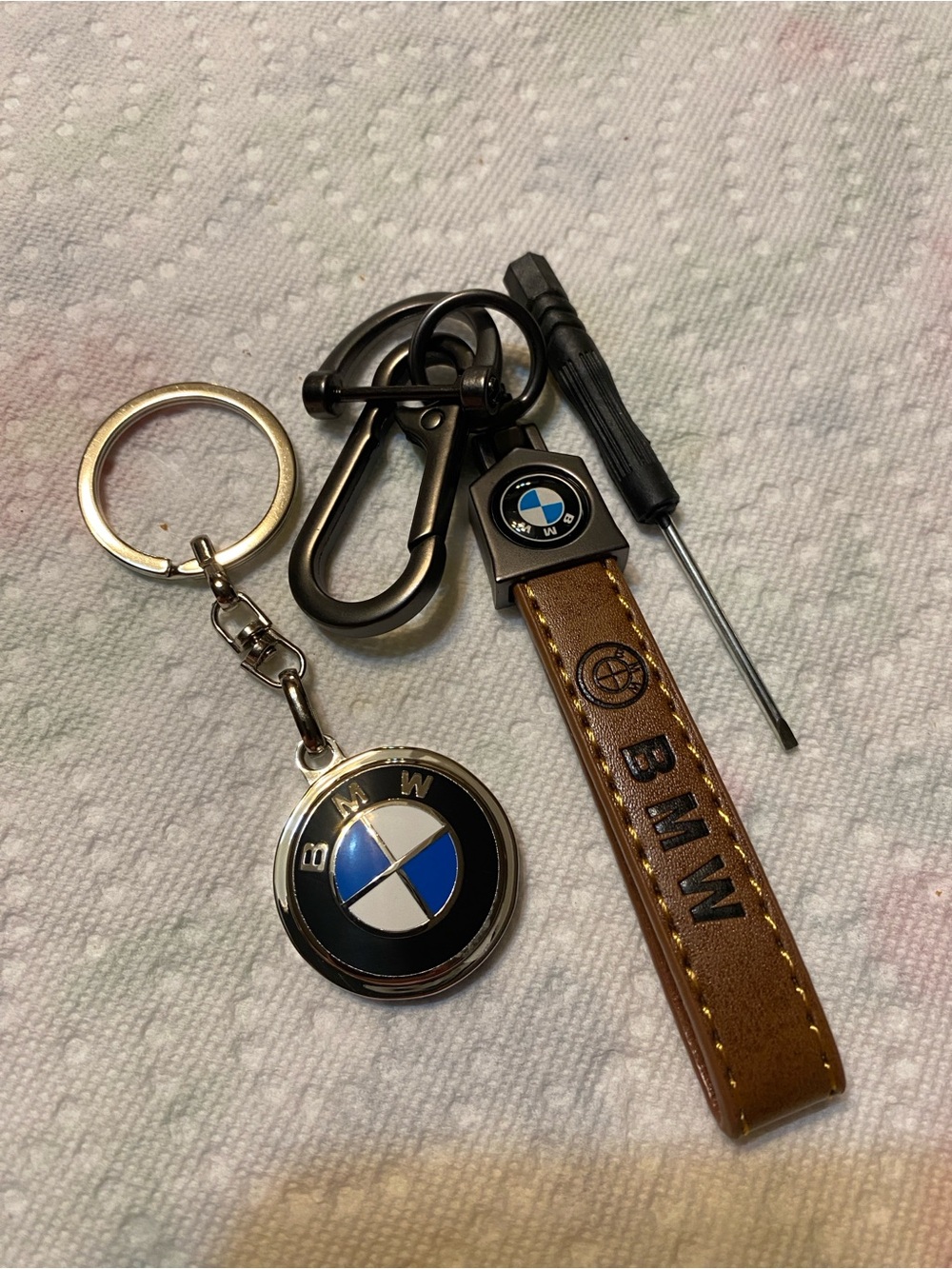 BMW Black, Blue & White Round Logo Keyring and Leather key Chain